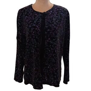 Notations Black Velvet Iridescent Glitter Scroll Cardigan Top Purple Blue XL